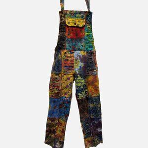 Nwt FUNKY STUFF patch tie dye razor cut heavy OVERALLS ROMPER JUMPSUIT JUMPER L
